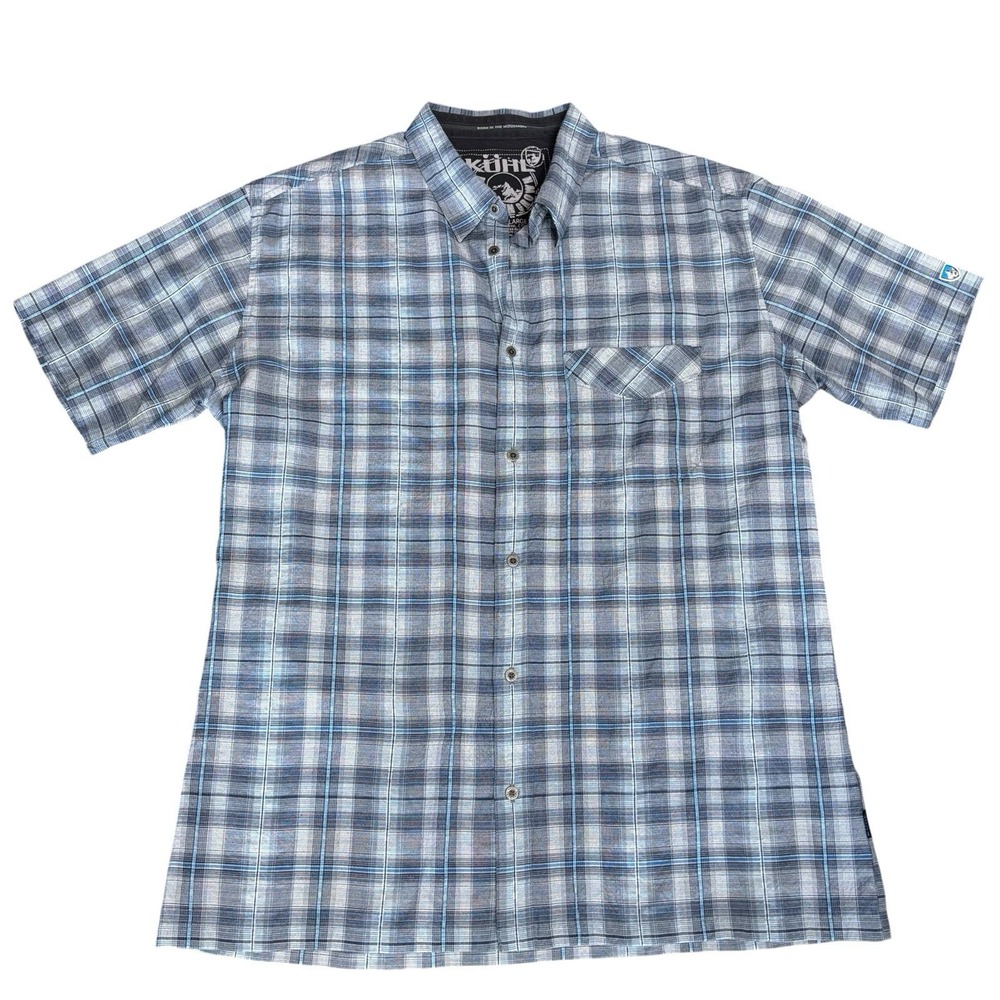 Kuhl Response Shirt Sz XL Blue Plaid Short Sleeve Button Front Lightweight